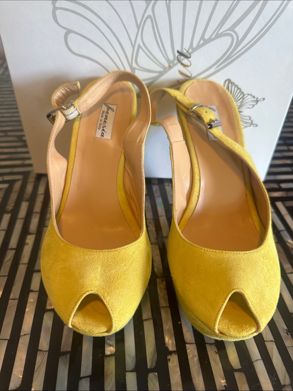 Frenesia Fa-Zippy Mustard Yellow Suede Peep-Toe Slingback Wedges